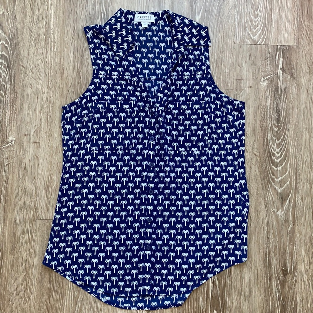 Express Portofino Shirt.Navy with White Palm Trees